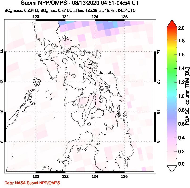 A sulfur dioxide image over Philippines on Aug 13, 2020.