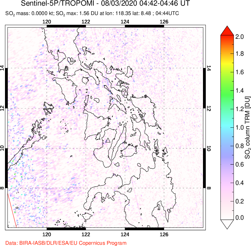 A sulfur dioxide image over Philippines on Aug 03, 2020.