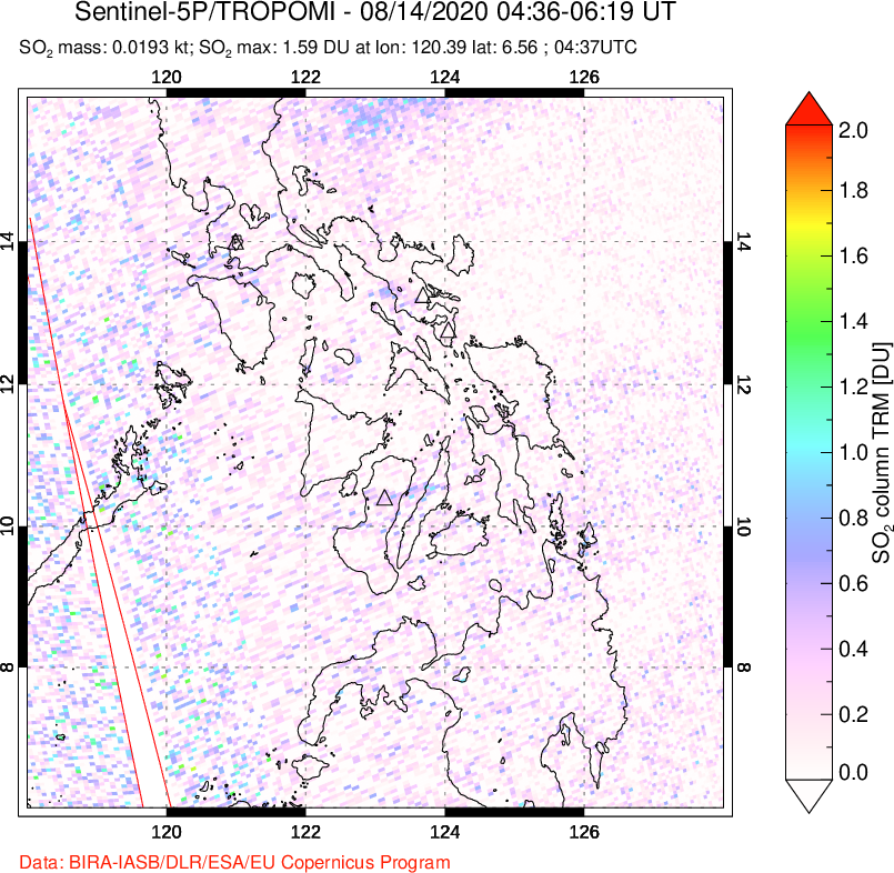 A sulfur dioxide image over Philippines on Aug 14, 2020.