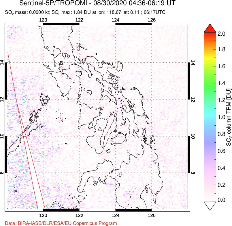 A sulfur dioxide image over Philippines on Aug 30, 2020.