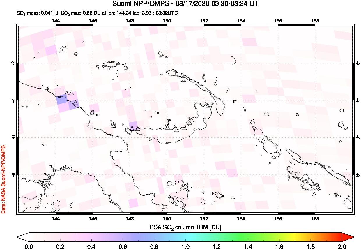 A sulfur dioxide image over Papua, New Guinea on Aug 17, 2020.