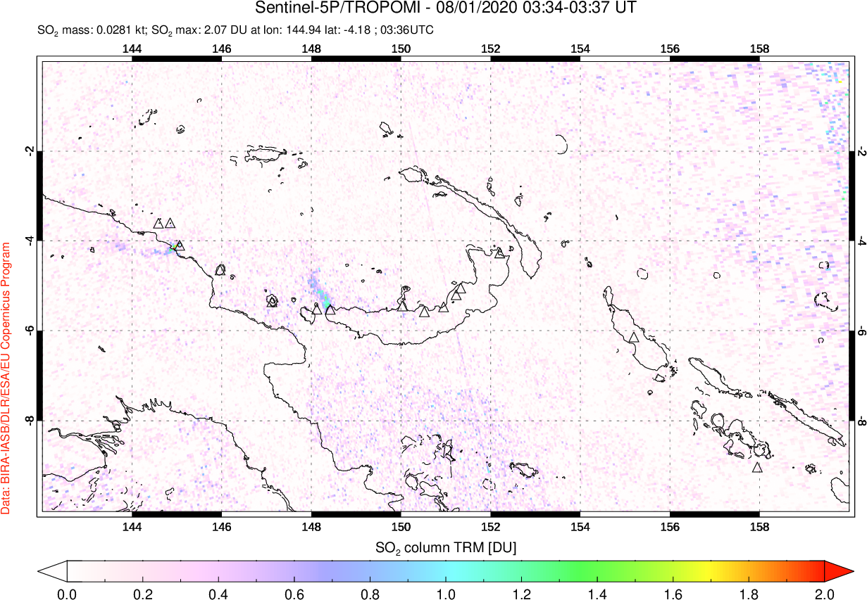 A sulfur dioxide image over Papua, New Guinea on Aug 01, 2020.