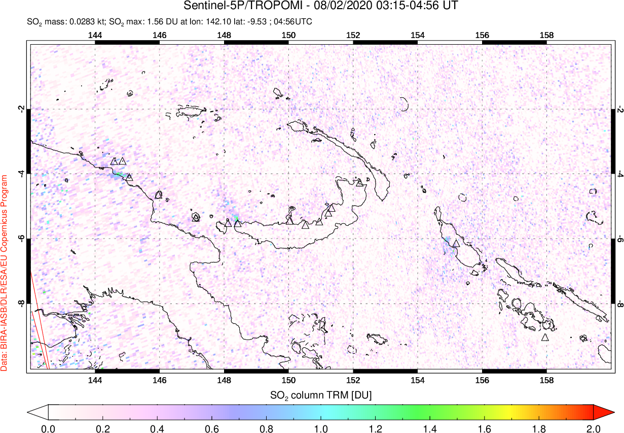 A sulfur dioxide image over Papua, New Guinea on Aug 02, 2020.