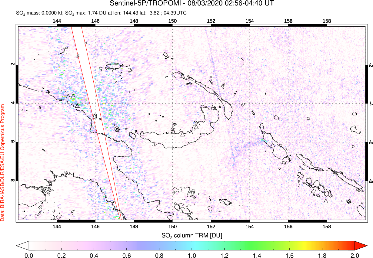 A sulfur dioxide image over Papua, New Guinea on Aug 03, 2020.