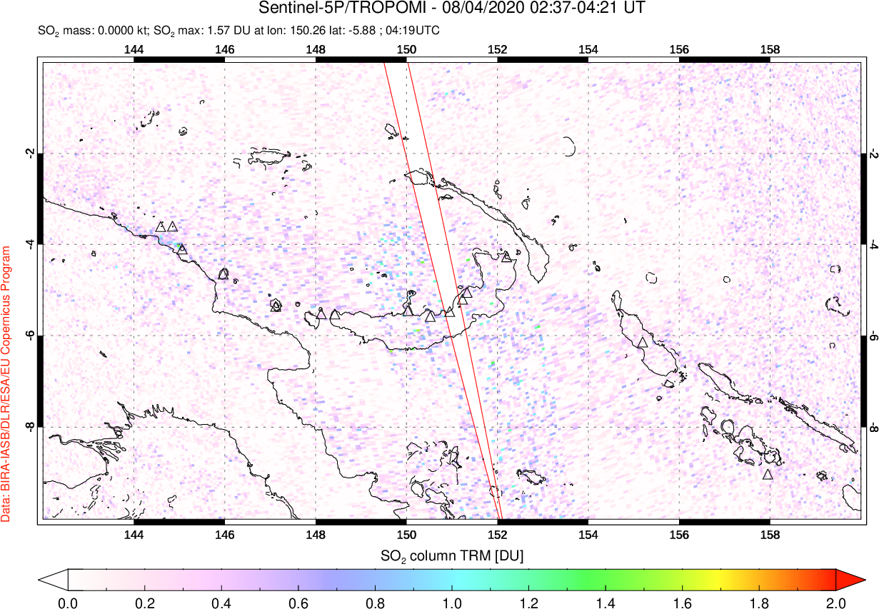 A sulfur dioxide image over Papua, New Guinea on Aug 04, 2020.