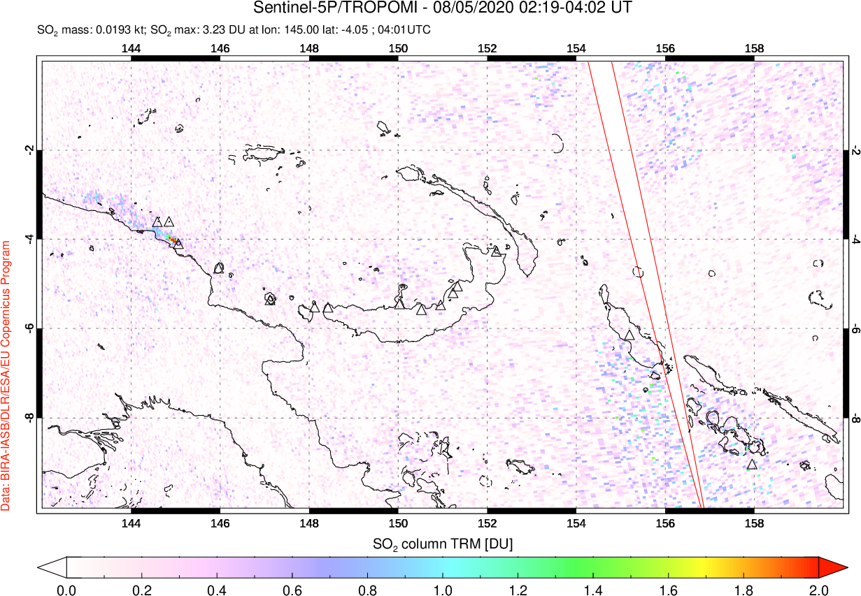 A sulfur dioxide image over Papua, New Guinea on Aug 05, 2020.
