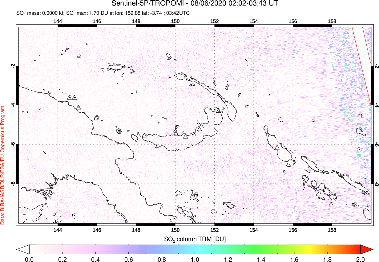 A sulfur dioxide image over Papua, New Guinea on Aug 06, 2020.