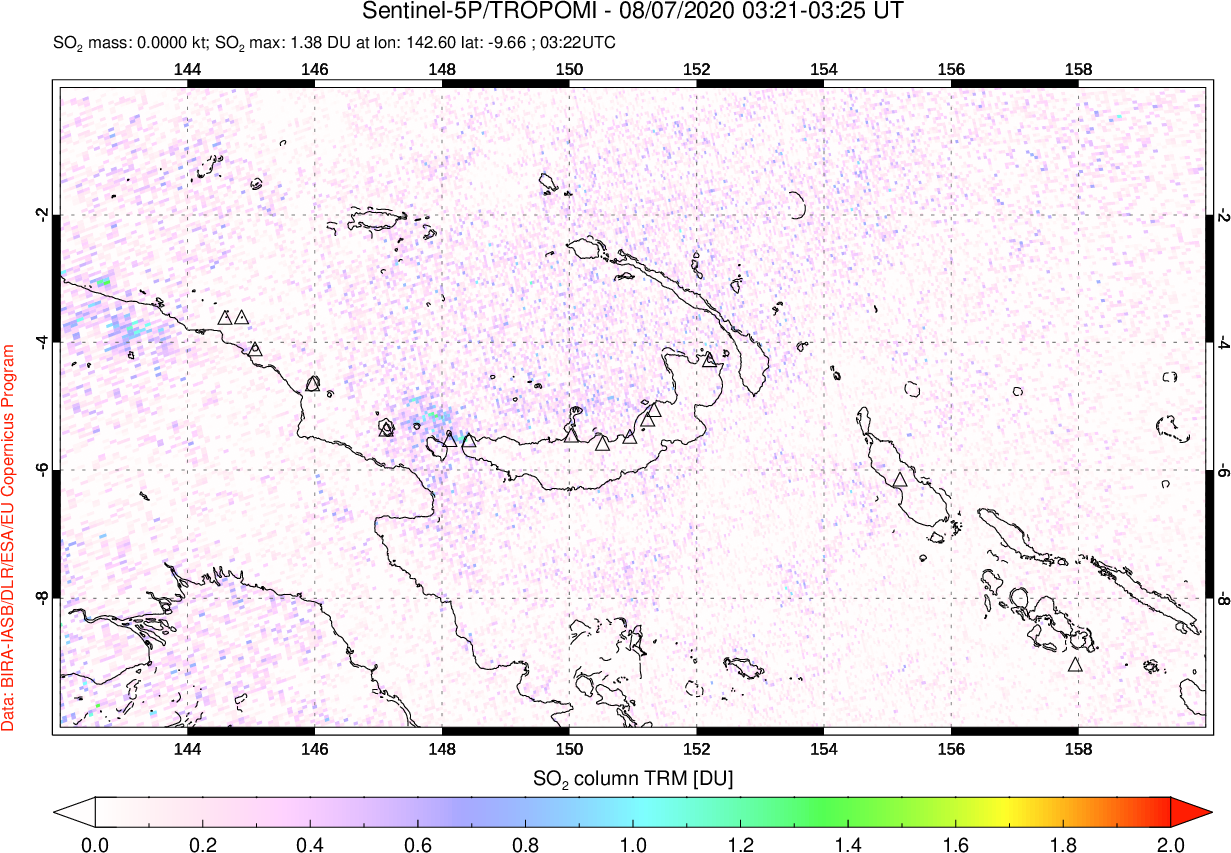 A sulfur dioxide image over Papua, New Guinea on Aug 07, 2020.