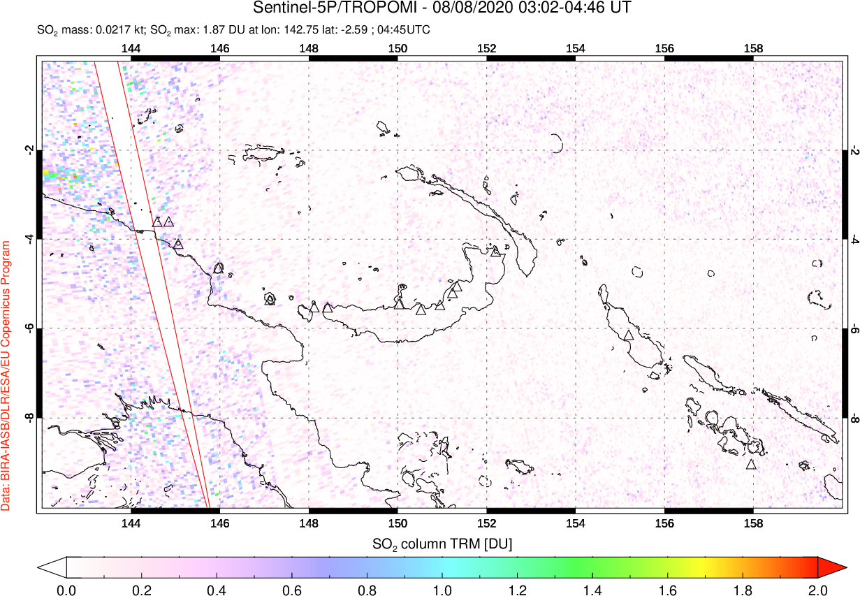 A sulfur dioxide image over Papua, New Guinea on Aug 08, 2020.