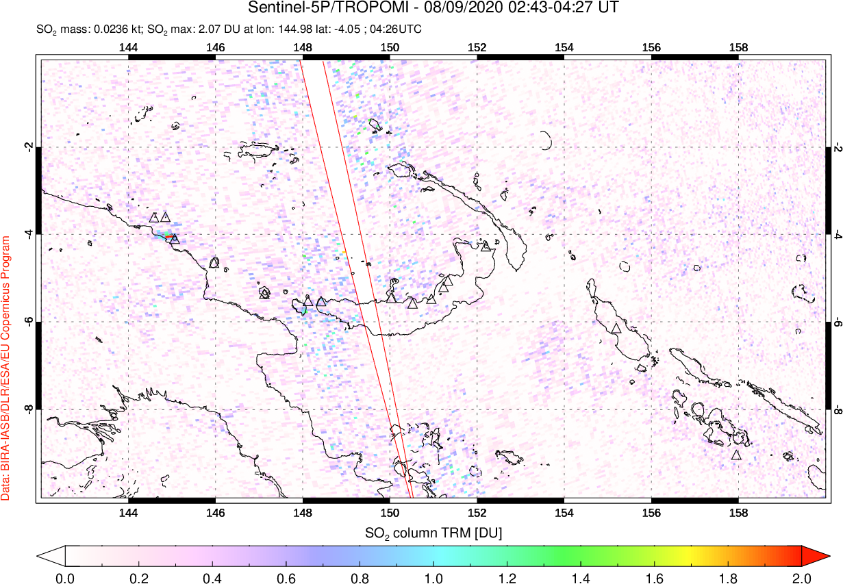 A sulfur dioxide image over Papua, New Guinea on Aug 09, 2020.