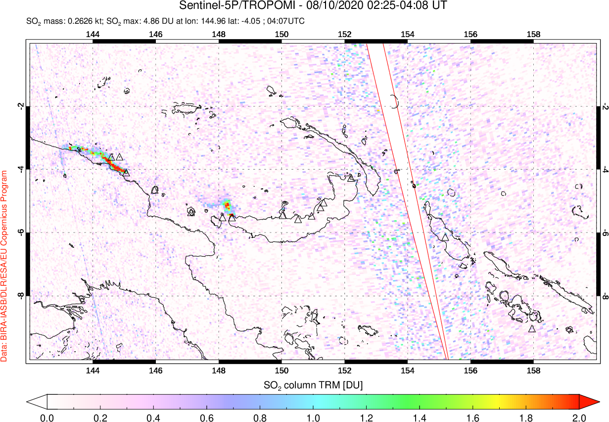 A sulfur dioxide image over Papua, New Guinea on Aug 10, 2020.