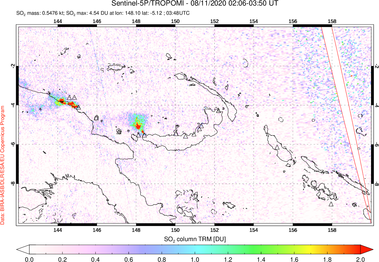A sulfur dioxide image over Papua, New Guinea on Aug 11, 2020.