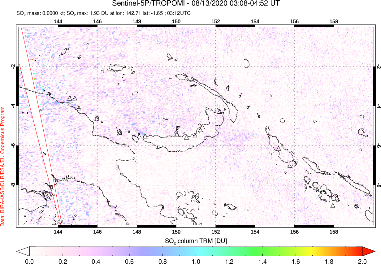 A sulfur dioxide image over Papua, New Guinea on Aug 13, 2020.