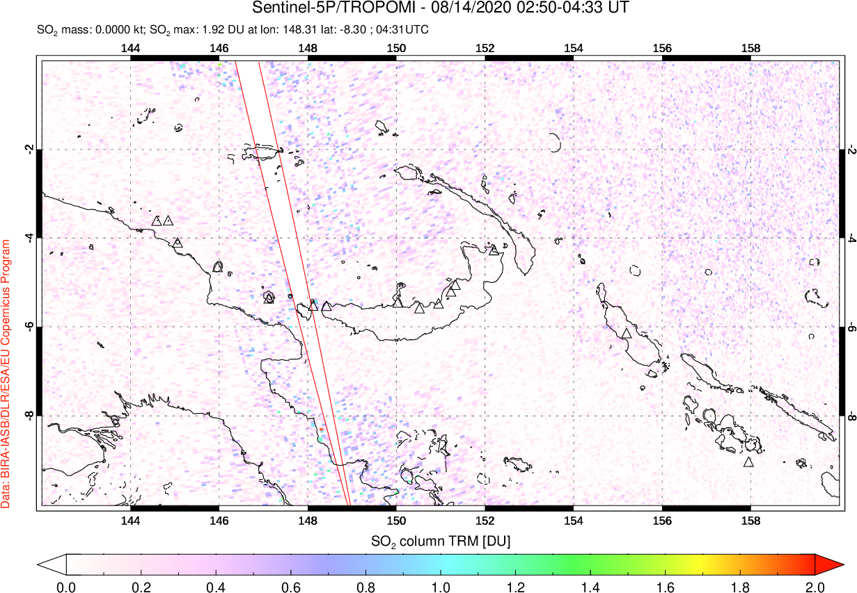 A sulfur dioxide image over Papua, New Guinea on Aug 14, 2020.