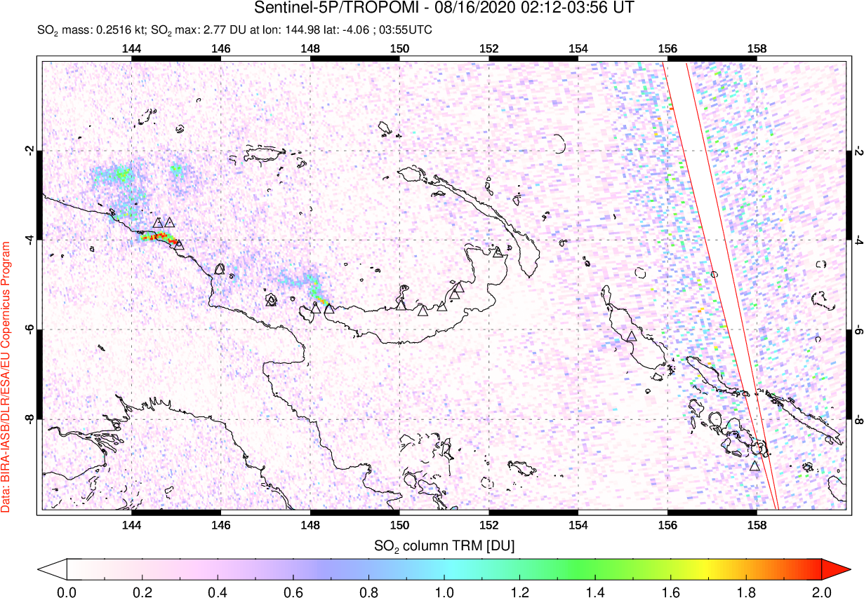 A sulfur dioxide image over Papua, New Guinea on Aug 16, 2020.