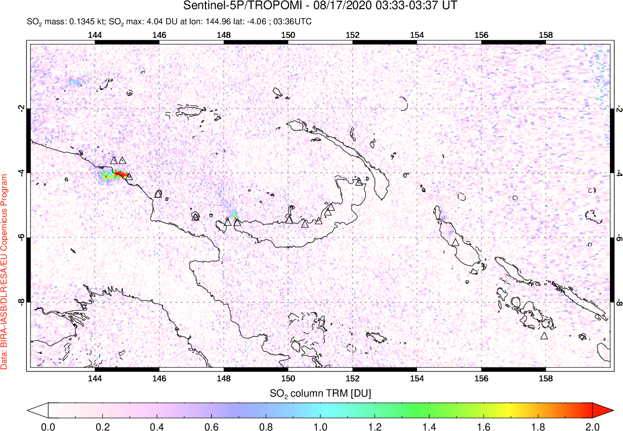 A sulfur dioxide image over Papua, New Guinea on Aug 17, 2020.