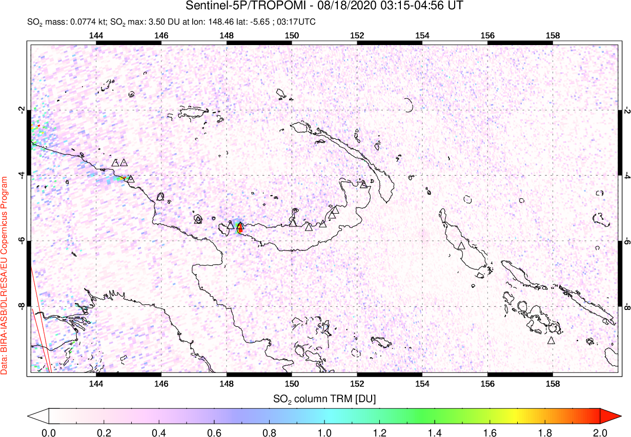 A sulfur dioxide image over Papua, New Guinea on Aug 18, 2020.