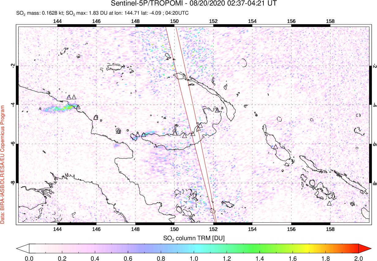 A sulfur dioxide image over Papua, New Guinea on Aug 20, 2020.