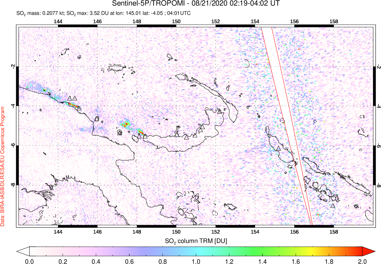 A sulfur dioxide image over Papua, New Guinea on Aug 21, 2020.