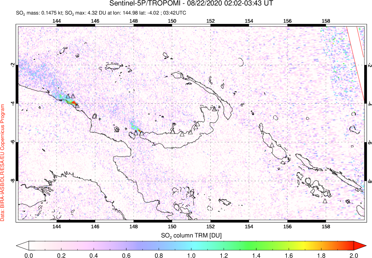 A sulfur dioxide image over Papua, New Guinea on Aug 22, 2020.