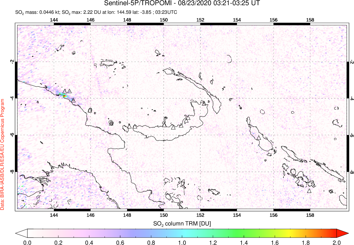 A sulfur dioxide image over Papua, New Guinea on Aug 23, 2020.