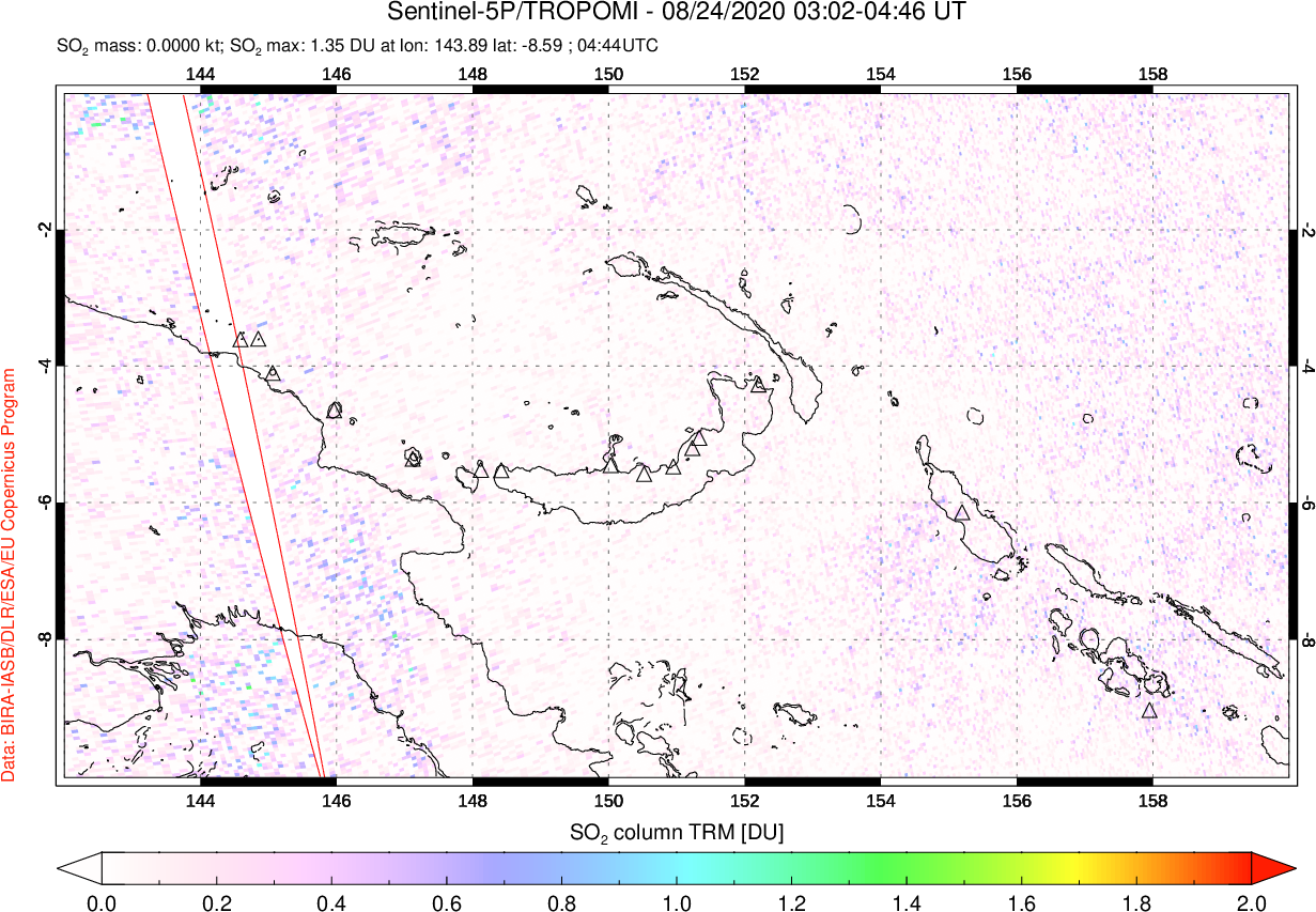 A sulfur dioxide image over Papua, New Guinea on Aug 24, 2020.