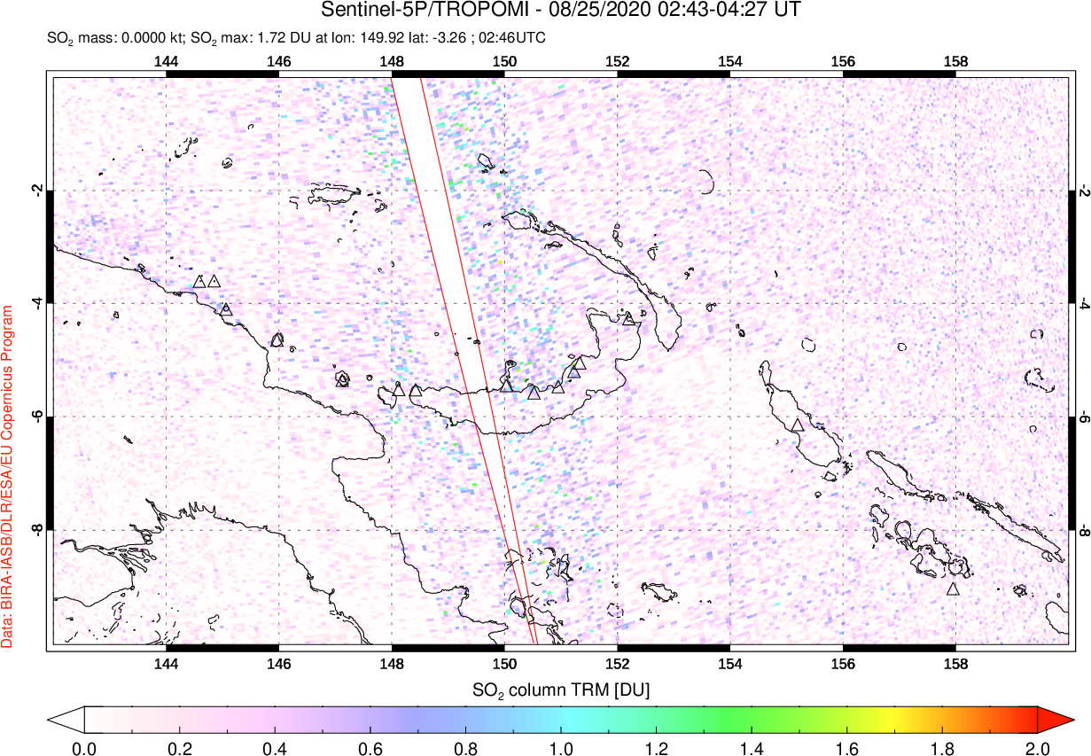 A sulfur dioxide image over Papua, New Guinea on Aug 25, 2020.
