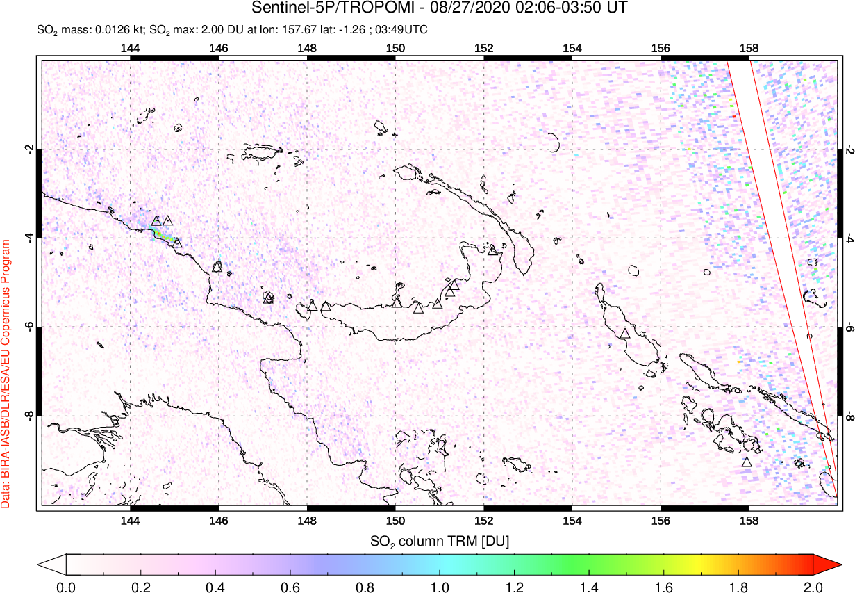 A sulfur dioxide image over Papua, New Guinea on Aug 27, 2020.