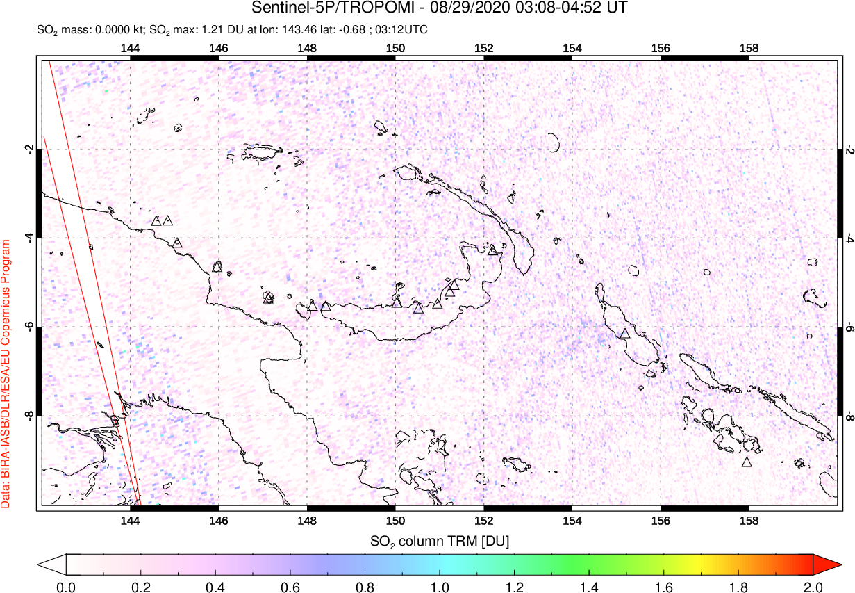 A sulfur dioxide image over Papua, New Guinea on Aug 29, 2020.