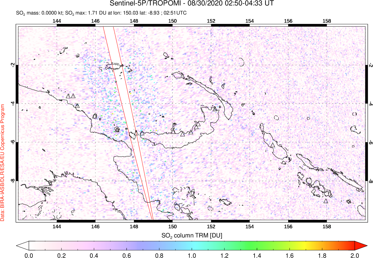 A sulfur dioxide image over Papua, New Guinea on Aug 30, 2020.