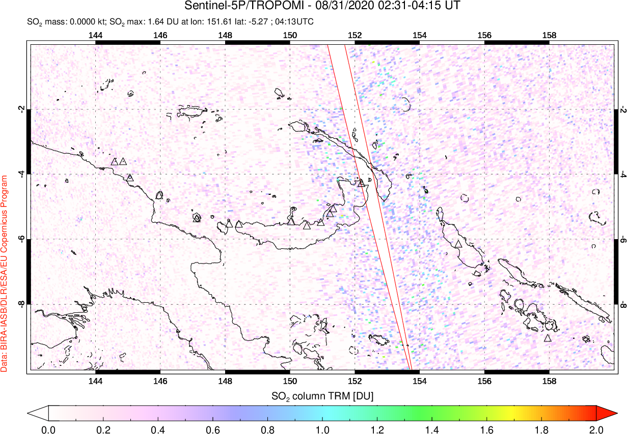 A sulfur dioxide image over Papua, New Guinea on Aug 31, 2020.