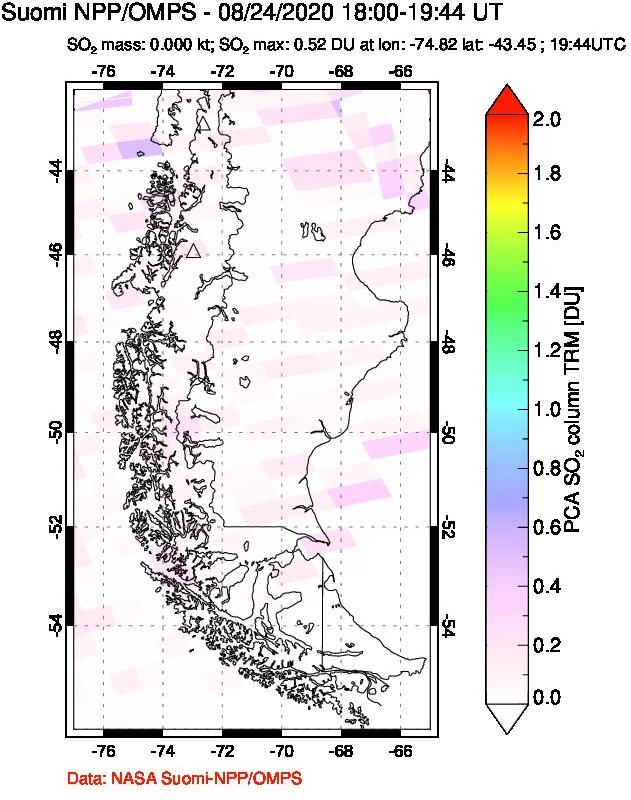 A sulfur dioxide image over Southern Chile on Aug 24, 2020.