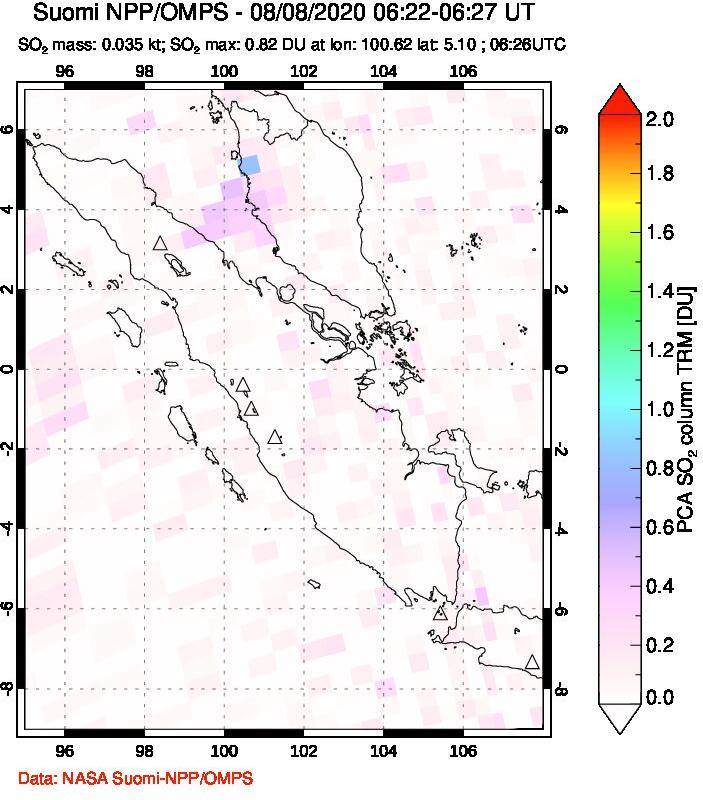A sulfur dioxide image over Sumatra, Indonesia on Aug 08, 2020.