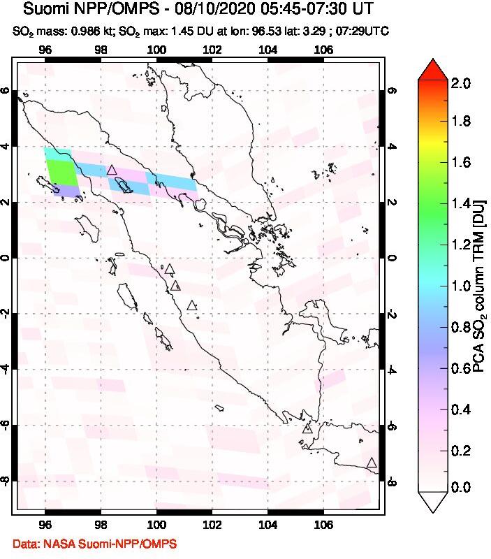 A sulfur dioxide image over Sumatra, Indonesia on Aug 10, 2020.