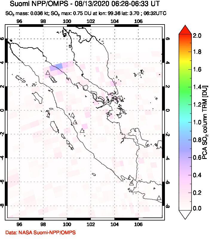A sulfur dioxide image over Sumatra, Indonesia on Aug 13, 2020.