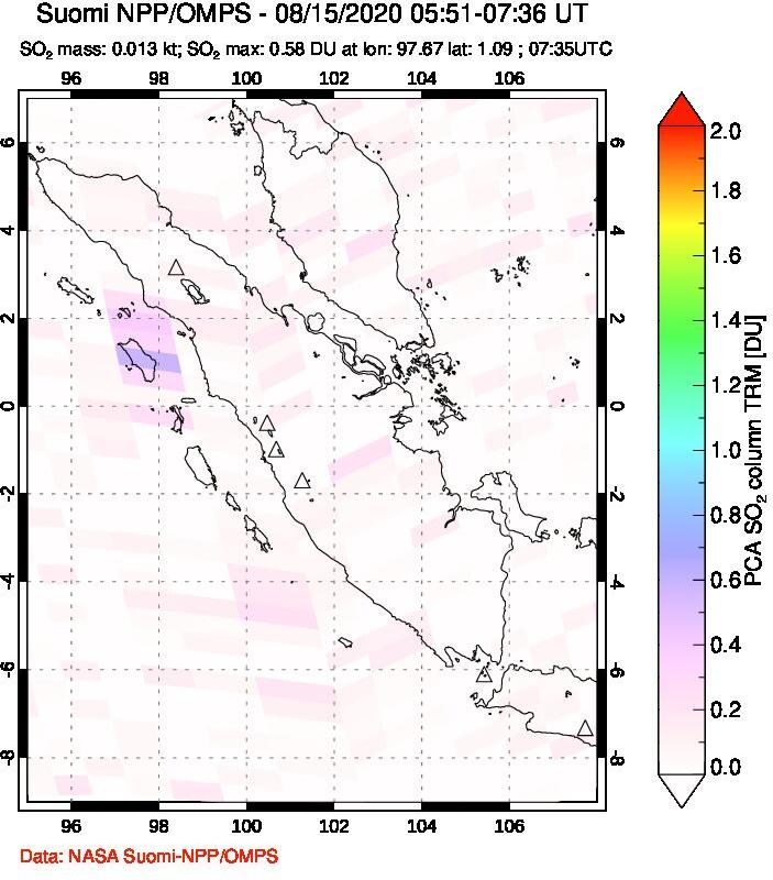 A sulfur dioxide image over Sumatra, Indonesia on Aug 15, 2020.