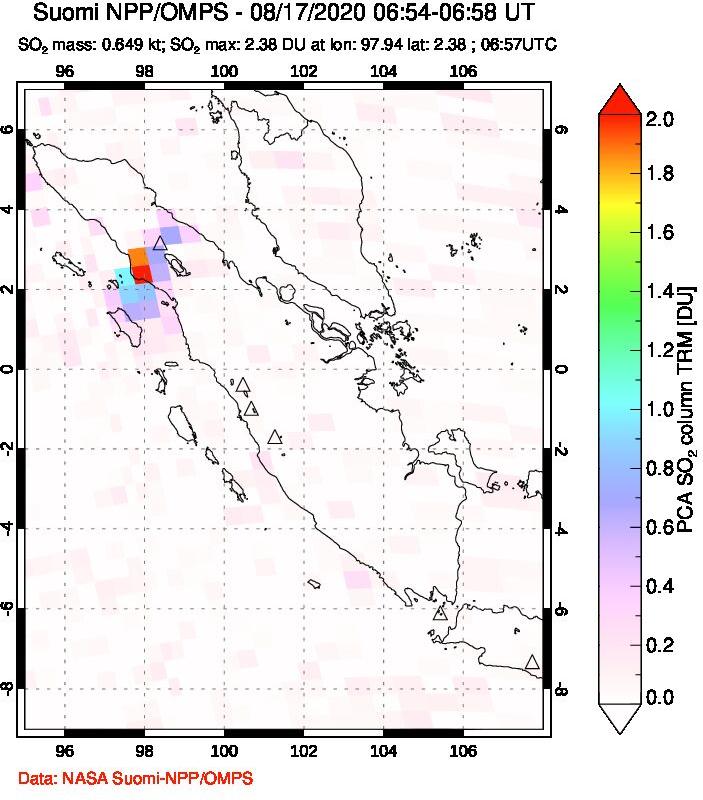 A sulfur dioxide image over Sumatra, Indonesia on Aug 17, 2020.