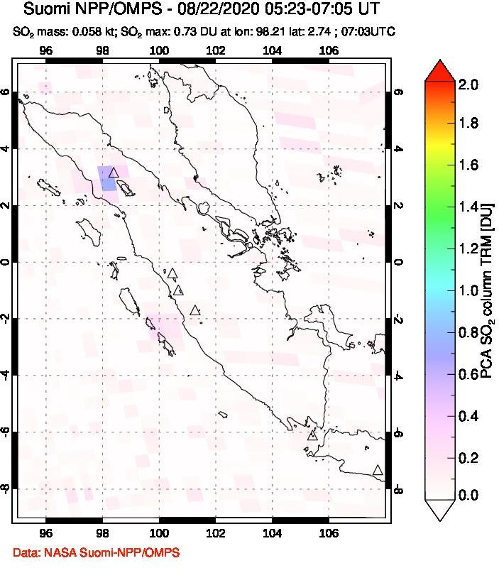 A sulfur dioxide image over Sumatra, Indonesia on Aug 22, 2020.