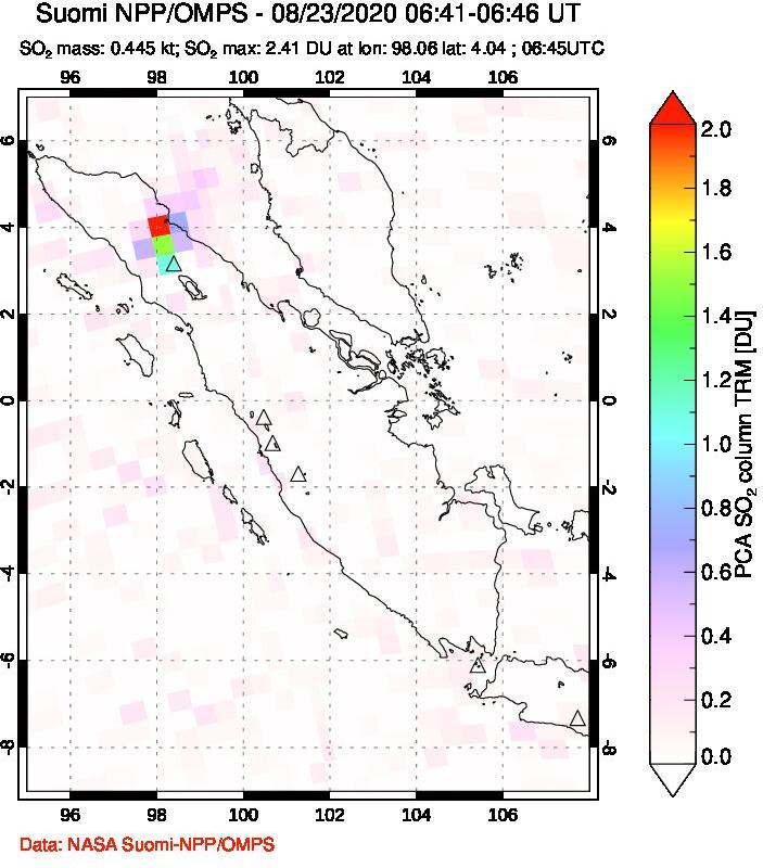 A sulfur dioxide image over Sumatra, Indonesia on Aug 23, 2020.