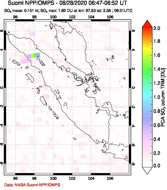 A sulfur dioxide image over Sumatra, Indonesia on Aug 28, 2020.