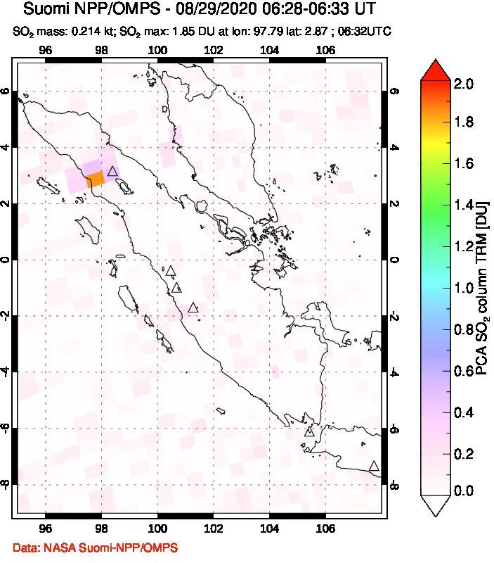 A sulfur dioxide image over Sumatra, Indonesia on Aug 29, 2020.
