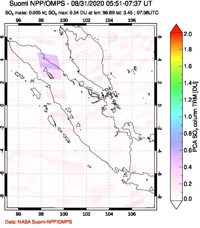 A sulfur dioxide image over Sumatra, Indonesia on Aug 31, 2020.