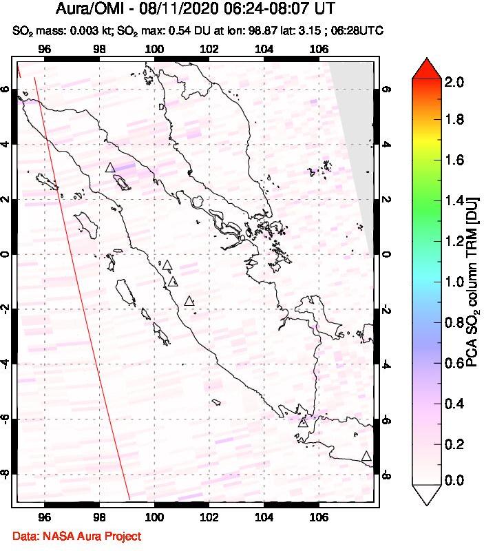 A sulfur dioxide image over Sumatra, Indonesia on Aug 11, 2020.