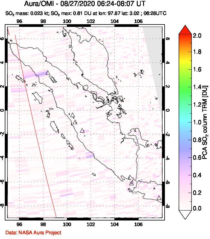 A sulfur dioxide image over Sumatra, Indonesia on Aug 27, 2020.