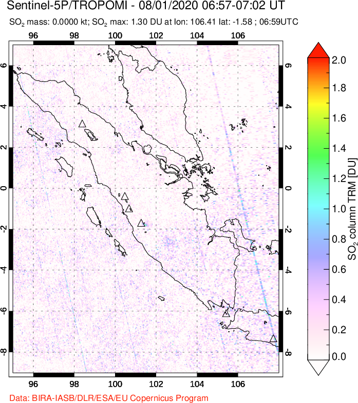 A sulfur dioxide image over Sumatra, Indonesia on Aug 01, 2020.
