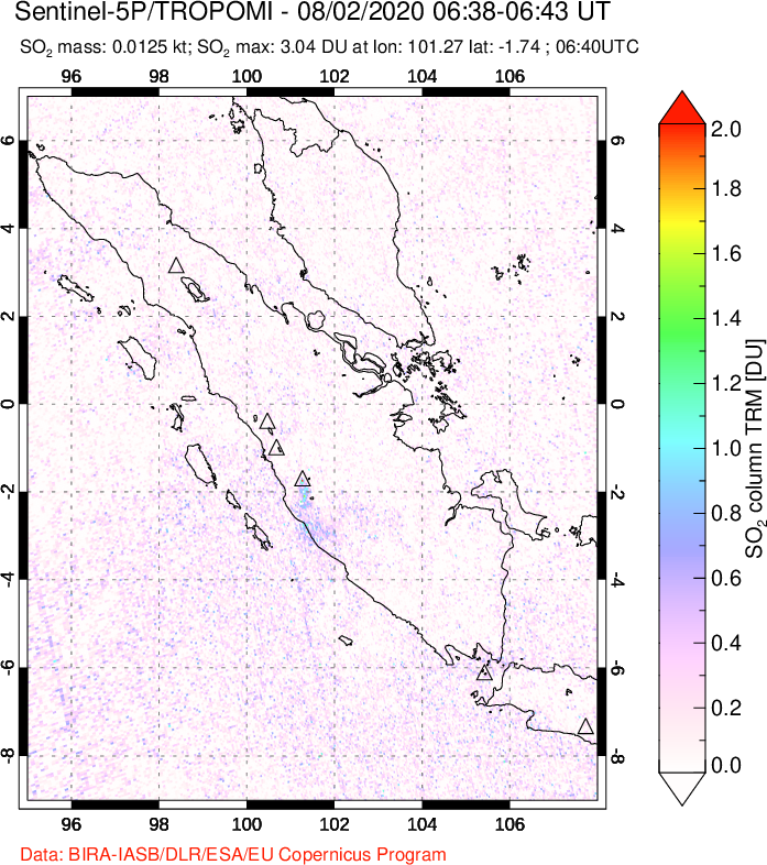 A sulfur dioxide image over Sumatra, Indonesia on Aug 02, 2020.