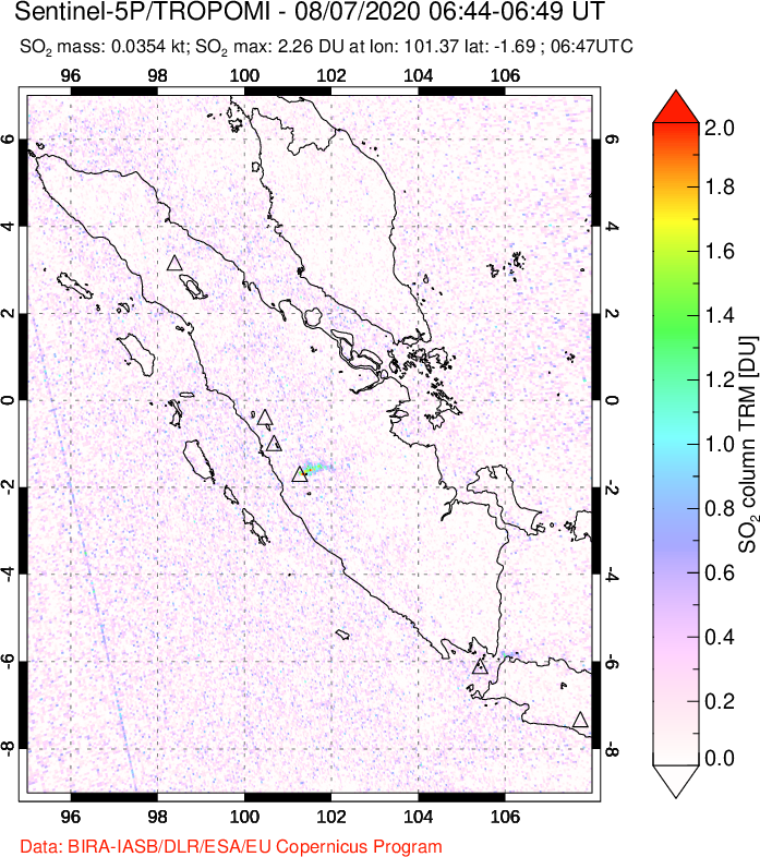 A sulfur dioxide image over Sumatra, Indonesia on Aug 07, 2020.
