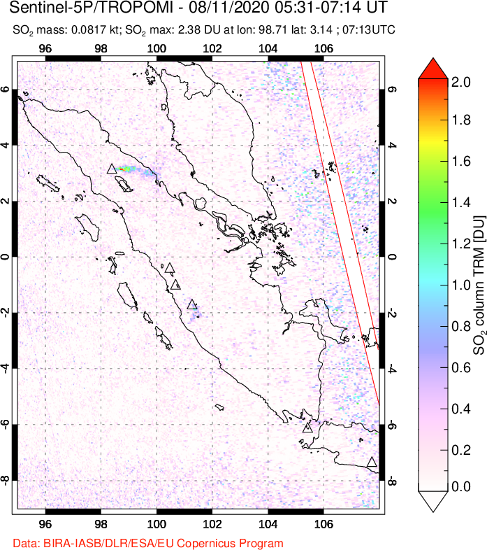 A sulfur dioxide image over Sumatra, Indonesia on Aug 11, 2020.