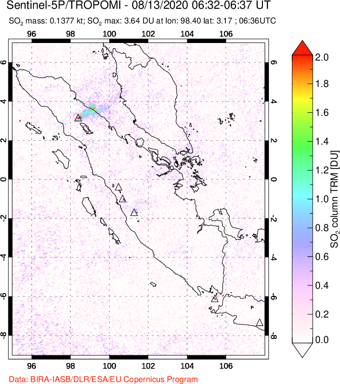 A sulfur dioxide image over Sumatra, Indonesia on Aug 13, 2020.