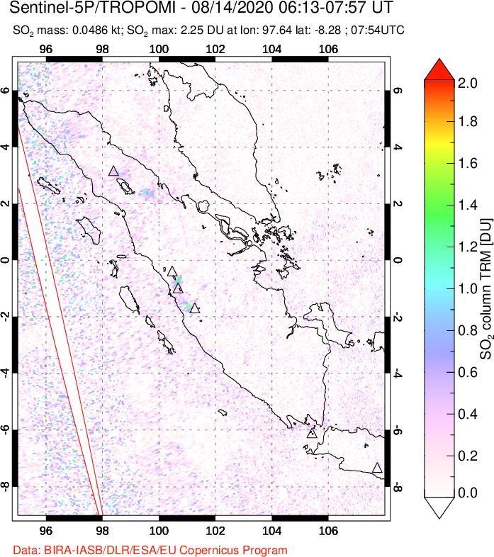 A sulfur dioxide image over Sumatra, Indonesia on Aug 14, 2020.